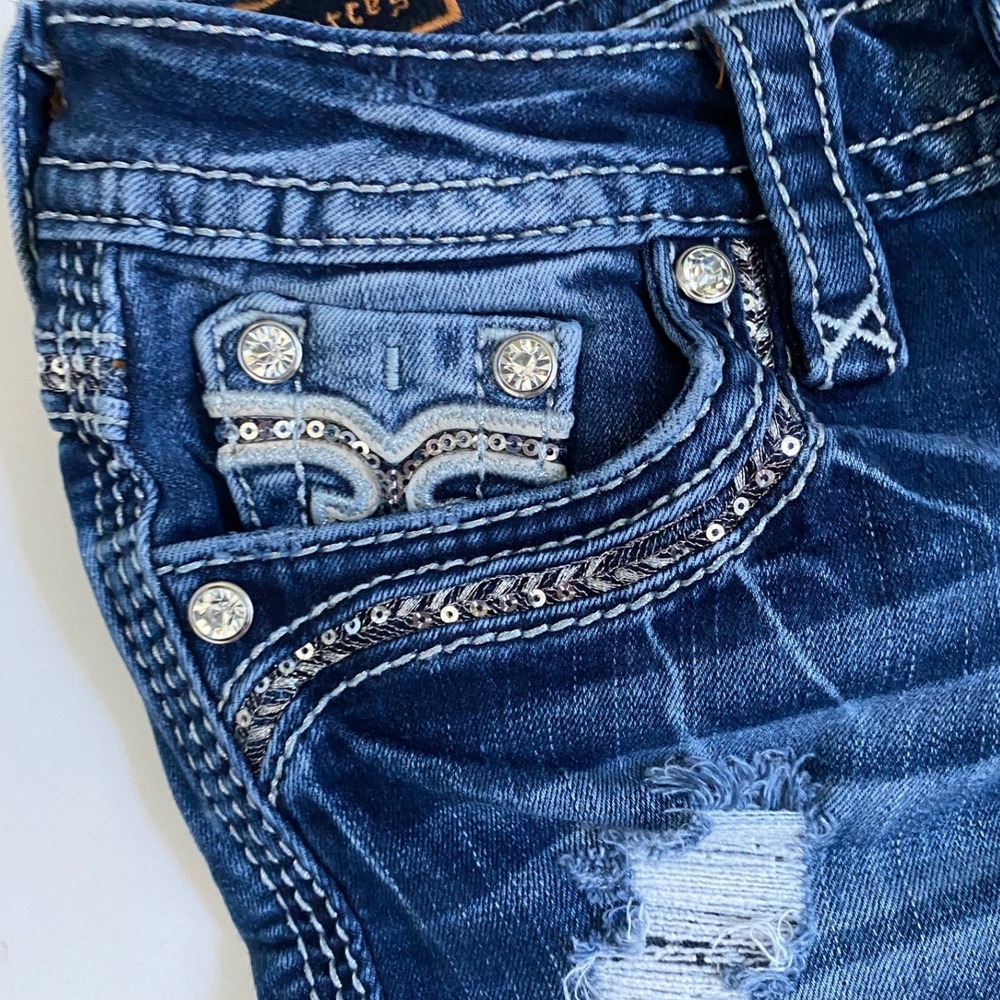 Rock Revival Darcey Crop Jeans Womens 25 Dark Wash Distressed Sequin Rhinestone - Picture 4 of 9